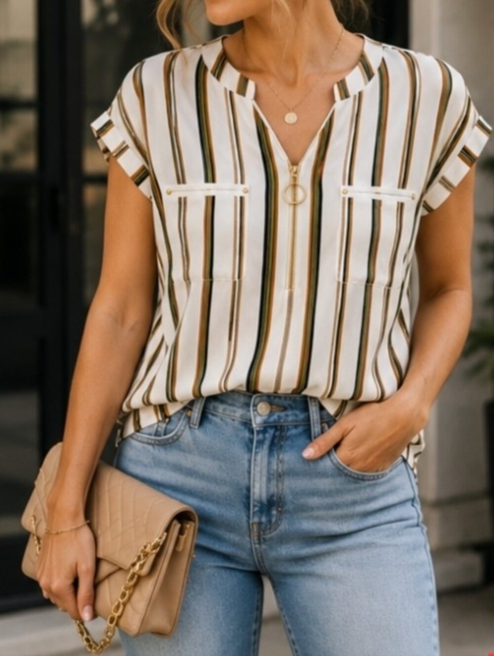 Flower & Feather Striped Zip Front Blouse Small Ivory